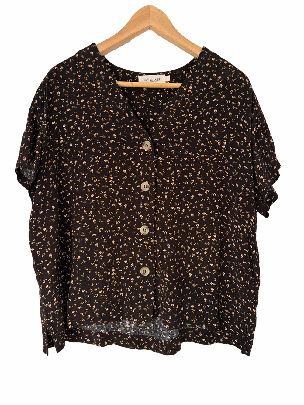 Bella Dahl Black Floral Button-Front Short Sleeve Blouse